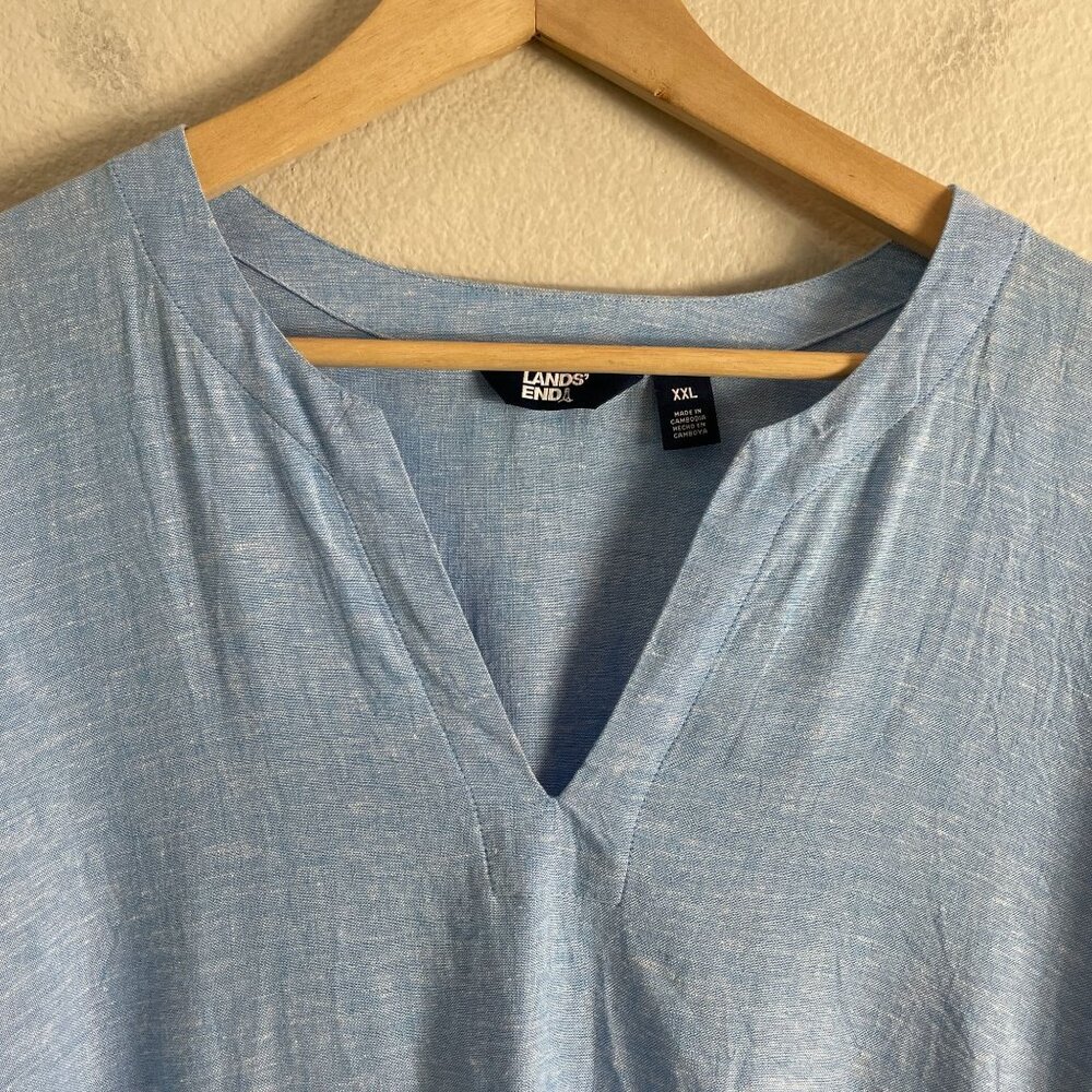Lands End Womens Plus‎ XXL Blue Linen Blend Tunic Top 3/4 Sleeves V Neck Pockets - Picture 9 of 11